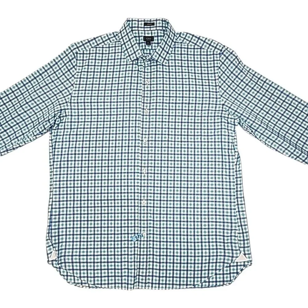 J Crew Shirt 120s 2-Ply Blue White Check Plaid Men Sz XL Button Long Slv Cotton